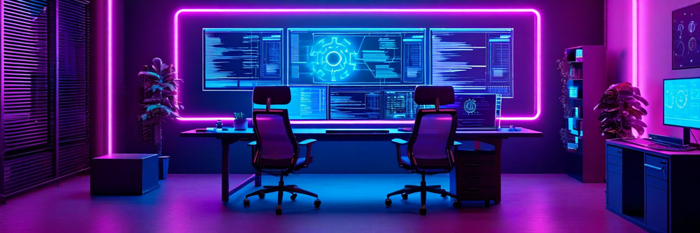 A modern developer's workspace bathed in soft blue and purple neon light, featuring layered digital interfaces and flowing code streams, with interconnected nodes and gears symbolizing automation, set against a gradient background transitioning from deep indigo to vibrant cyan, conveying innovation and technical sophistication.
