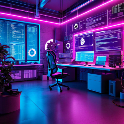 A modern developer's workspace bathed in soft blue and purple neon light, featuring layered digital interfaces and flowing code streams, with interconnected nodes and gears symbolizing automation, set against a gradient background transitioning from deep indigo to vibrant cyan, conveying innovation and technical sophistication.